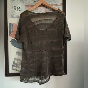 Eileen Fisher 100% Linen V-Neck Open Knit Green/Khaki Short Sleeve Top L